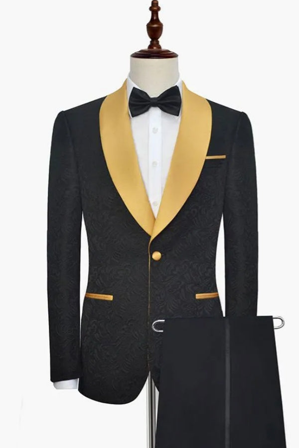 Stylish Best Fitted Black Jacquard Shawl Lapel Wedding Suits
