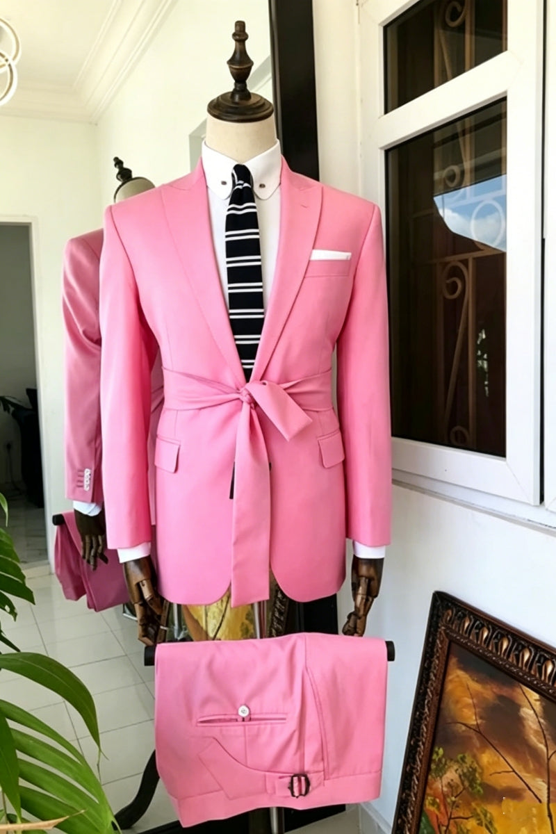 Best Fitted Pink Peaked Lapel Prom Suit With Belt