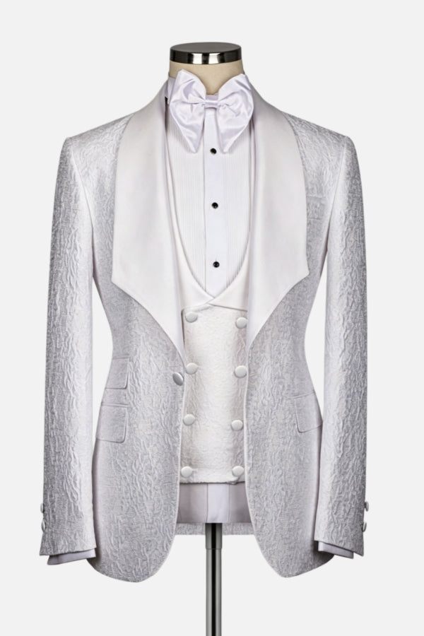 Handsome 3 Pieces White Jacquard Shawl Lapel Wedding Suits
