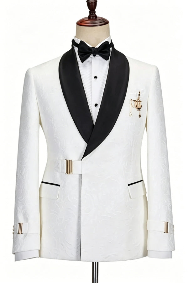 Stylish White Shawl Lapel Buckle Wedding Suits