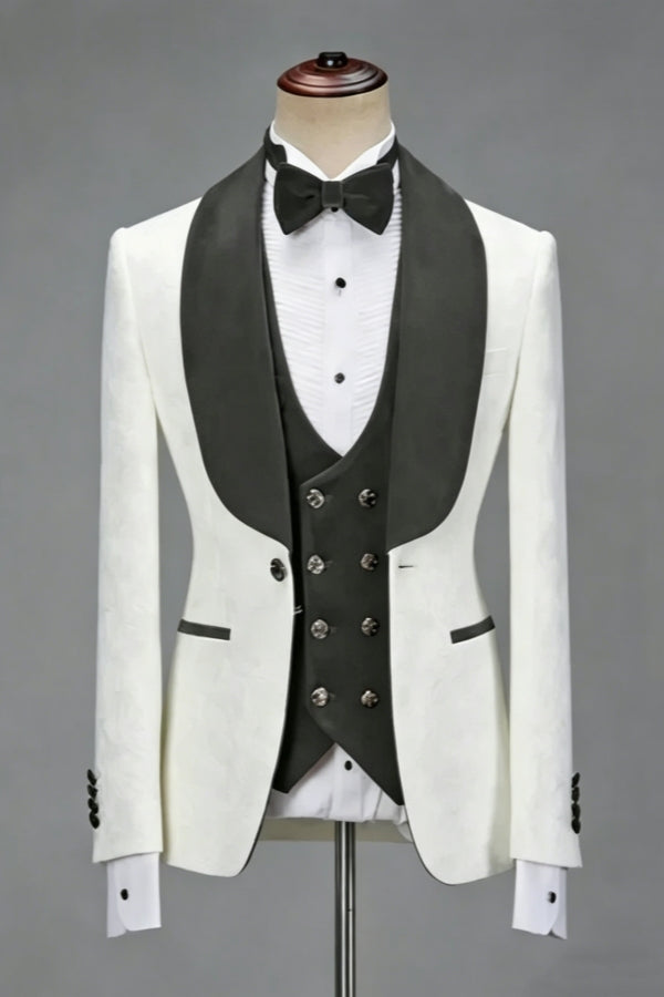 Trendy White Jacquard Gray Shawl Lapel Wedding Suits