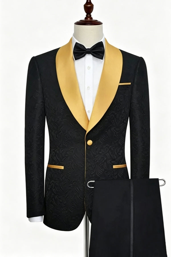 Stylish Best Fitted Black Jacquard Shawl Lapel Wedding Suits
