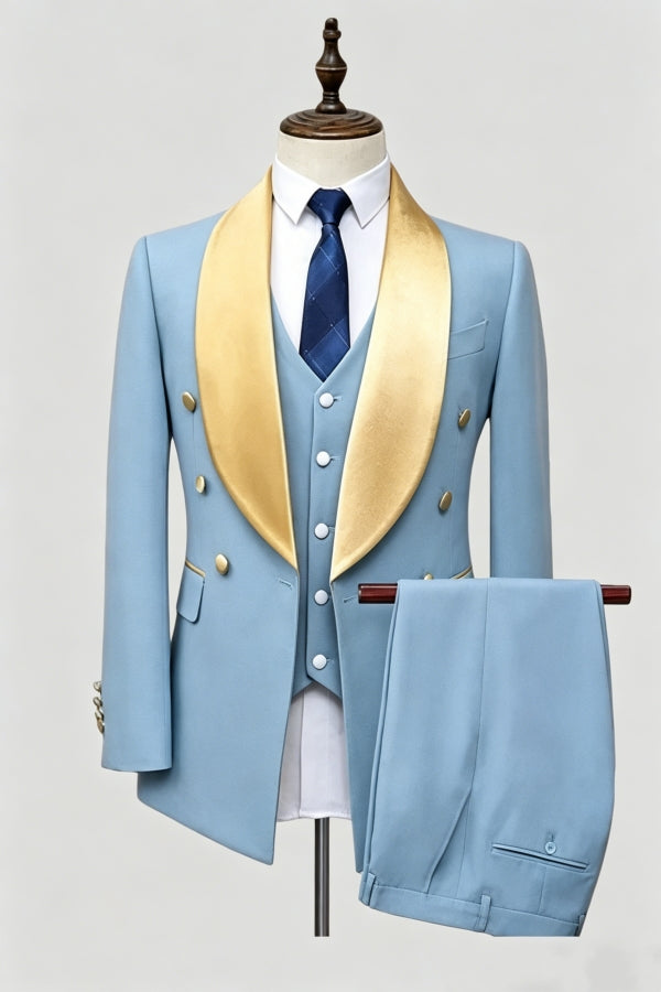 Blue 3 Pieces Bespoke Newest Shawl Lapel Wedding Suits