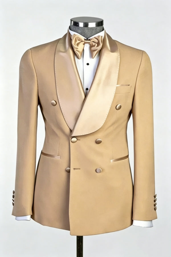 Bespoke Light Khaki Satin Shawl Lapel Slim Fit Wedding Suits
