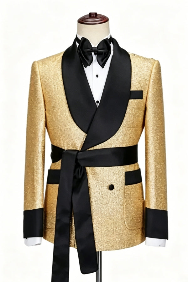 Sparkle Champagne Gold Shawl Lapel Double Breasted Wedding Suits With Belt