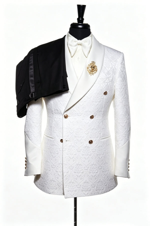 Newest Gentle White Jacquard Shawl Lapel Double Breasted Wedding Men Suits