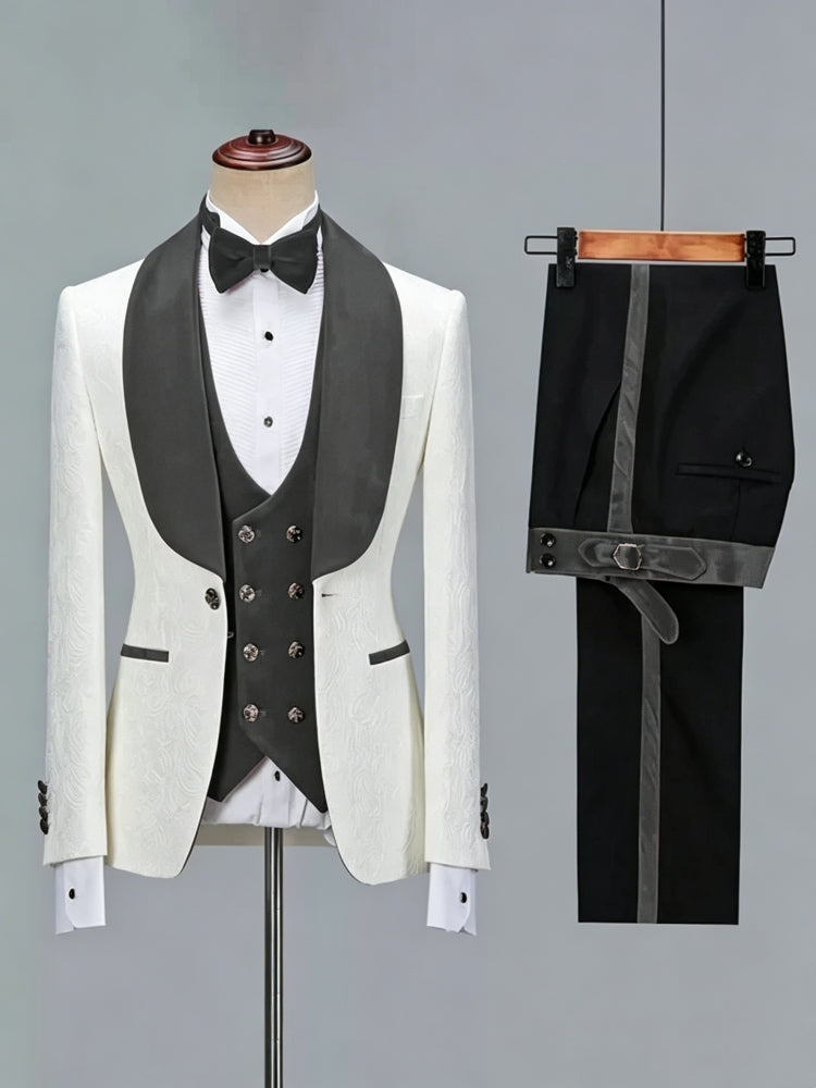 Trendy White Jacquard Gray Shawl Lapel Wedding Suits