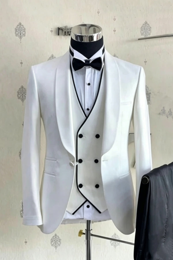 Gentle White Shawl Lapel Wedding Suits With Waistcoat
