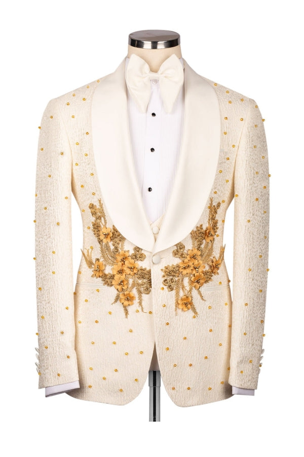 3 Pieces Cream Shawl Lapel Gold Beadings Prom Suit With Appliques